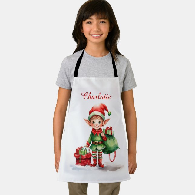 Personalise Name Christmas elf with sack of gifts Apron (Insitu)