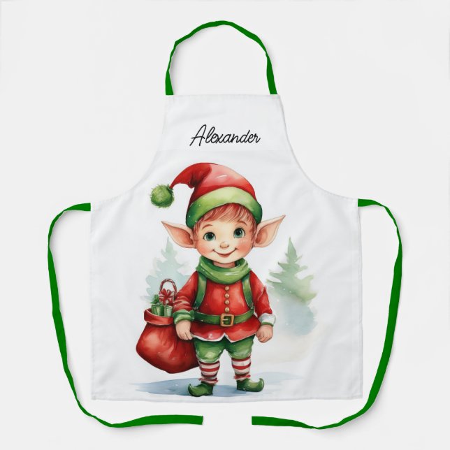 Personalise Name Christmas elf with sack of gifts Apron (Front)