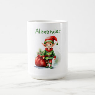 Personalise Name Christmas elf with sack of gifts Coffee Mug