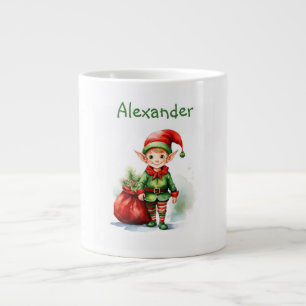 Personalise Name Christmas elf with sack of gifts Large Coffee Mug