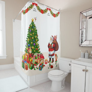 Personalise Name Christmas Santa and Elves Shower  Curtain