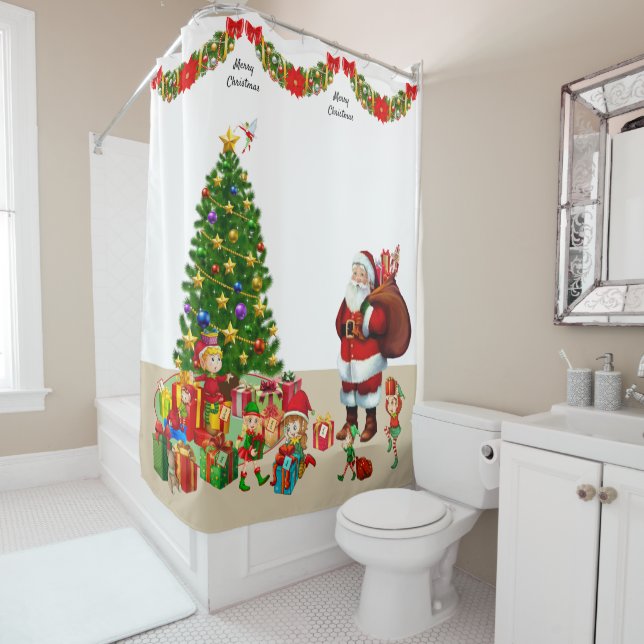 Personalise Name Christmas Santa and Elves Shower  Shower Curtain (In Situ)