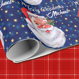 Personalise Name Christmas Santa Claus Blue Wrapping Paper