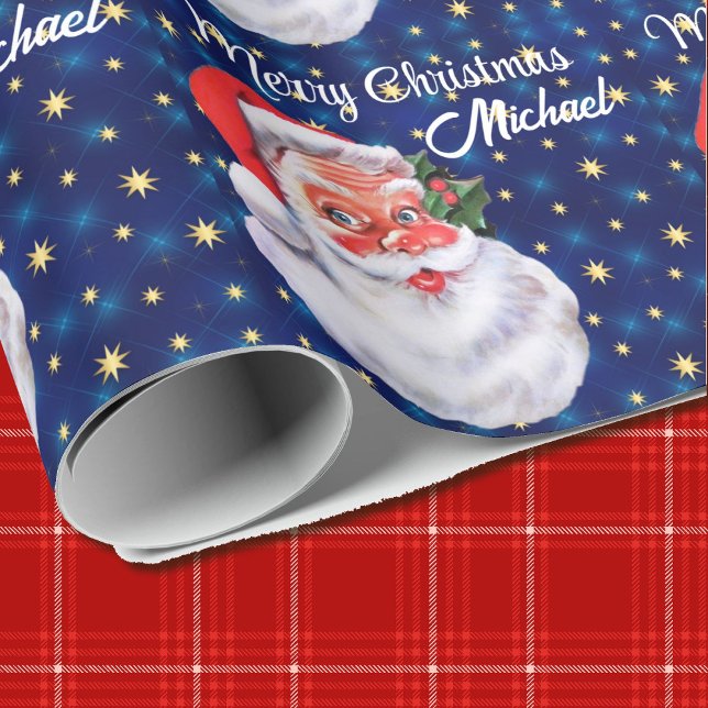 Personalise Name Christmas Santa Claus Blue Wrapping Paper (Creator Uploaded)