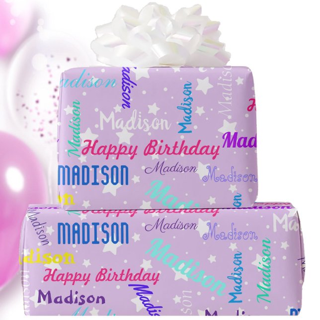 Personalise Name Colourful Birthday Party Purple Wrapping Paper (Creator Uploaded)