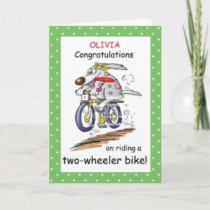 Personalise Name Congratulations, Girl Riding Bike Card