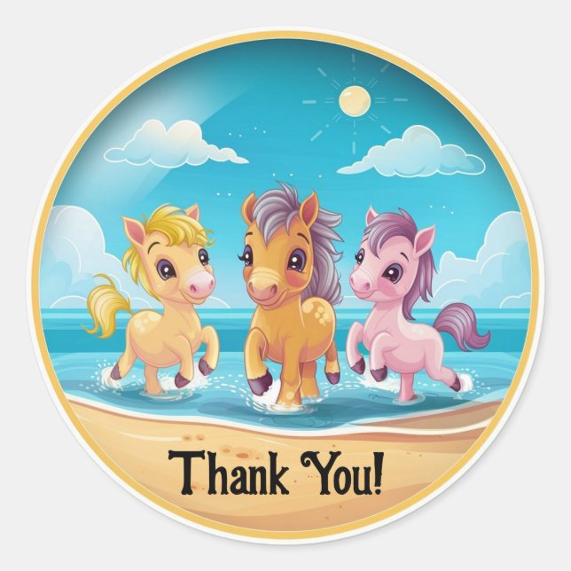 Personalise Name Cute Ponies on Beach Classic Round Sticker (Front)