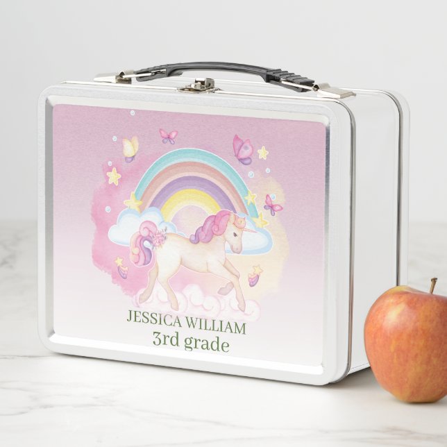 Personalise Name Cute unicorn, Back To School   Metal Lunch Box (In Situ)