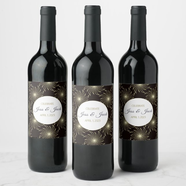 Personalise Name/Date Black & Gold Spiral Sun Wine Label (Bottles)