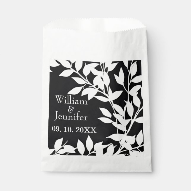 Personalise Name, Date Elegant Black & White leave Favour Bag (Front)