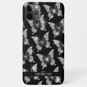 Personalise Name, Diamond Butterfly Pattern, Black iPhone 11 Pro Max Case