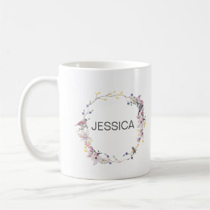 Personalise Name Elegant Birds Pink Floral Wreath  Coffee Mug
