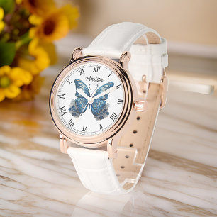Personalise Name Elegant Blue Butterfly Womens Watch