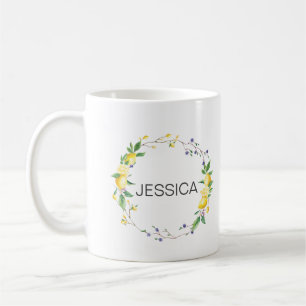 Personalise Name Elegant Lemon Floral Wreath  Coffee Mug