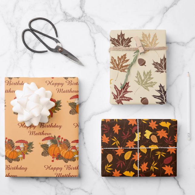Personalise Name Fall Leaves Happy Birthday Wrapping Paper Sheet (Front)