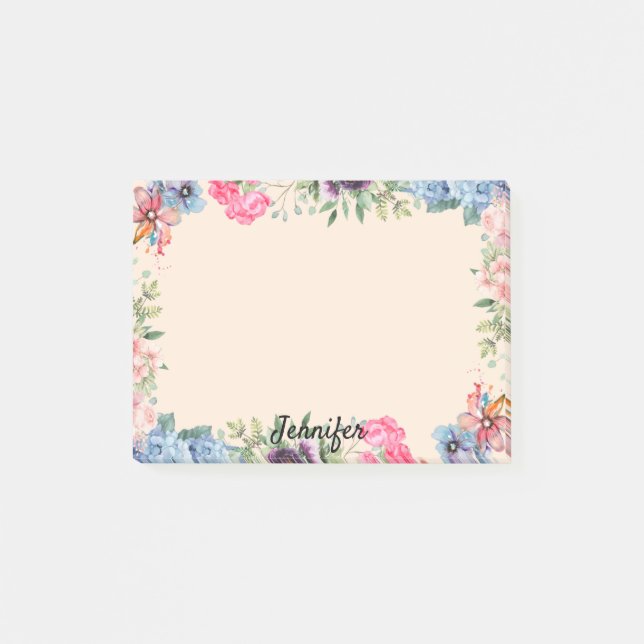 Personalise Name Flower Border Floral Post-it Notes (Front)
