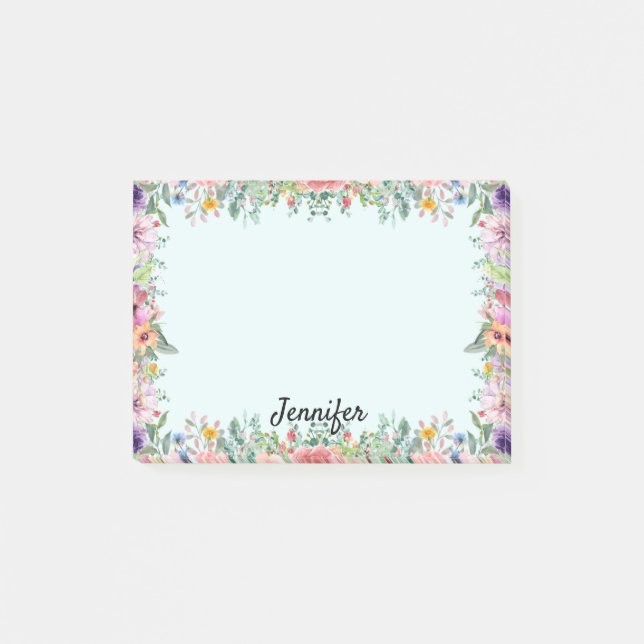 Personalise Name Flower Border Floral Post-it Notes (Front)