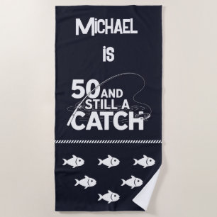 Personalise Name Funny Fishing 50th Birthday Gift Beach Towel