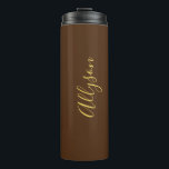 Personalise Name Gold Script Vertical, Chocolate Thermal Tumbler<br><div class="desc">Personalise your Name vertically In Gold Script Text on Chocolate background. Click “Edit Using Design Tool” to change colours and type styles.</div>