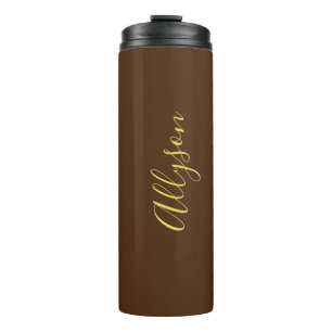 Personalise Name Gold Script Vertical, Chocolate Thermal Tumbler