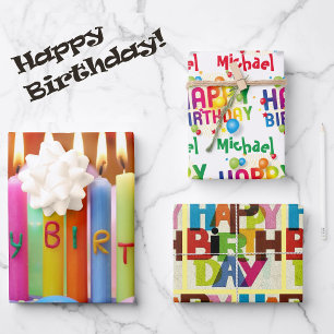 Personalise Name Happy Birthday Colourful 3 Gift  Wrapping Paper Sheet