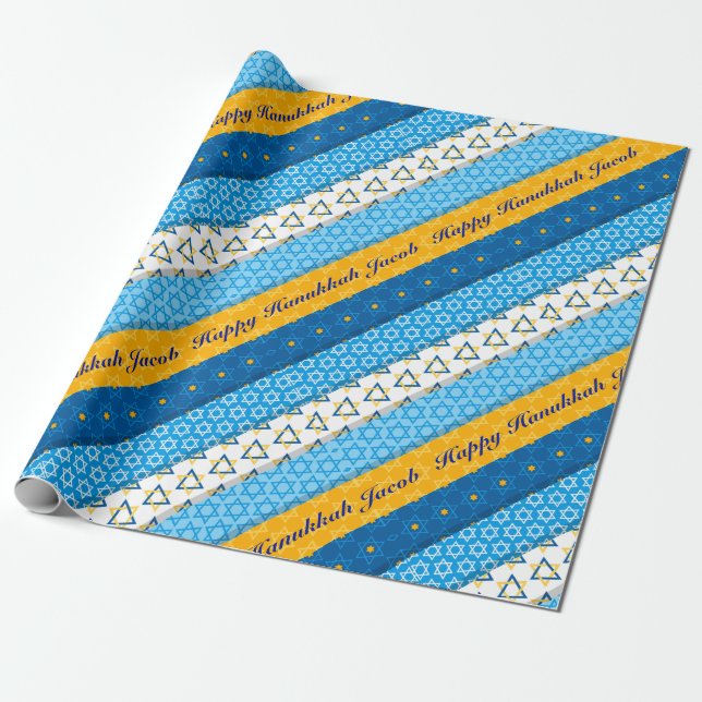Personalise Name Happy Hanukkah Blue Gold Stars Wrapping Paper (Unrolled)