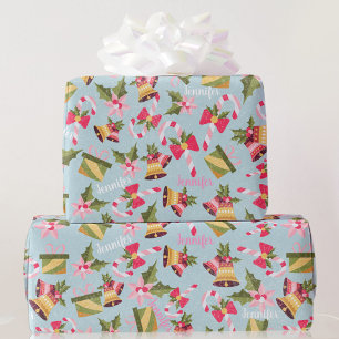 Personalise Name in Pink White Cute Christmas Gift Wrapping Paper