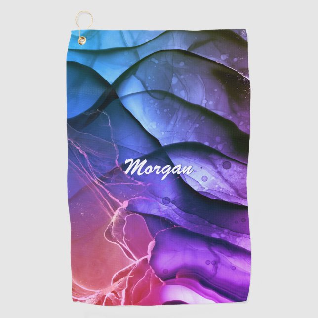 Personalise Name in White Script, Ink Abstract 2 Golf Towel (Front)