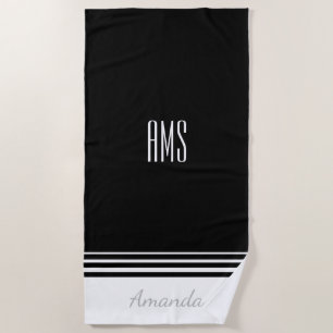 Personalise Name & Initials, Black and White Beach Towel