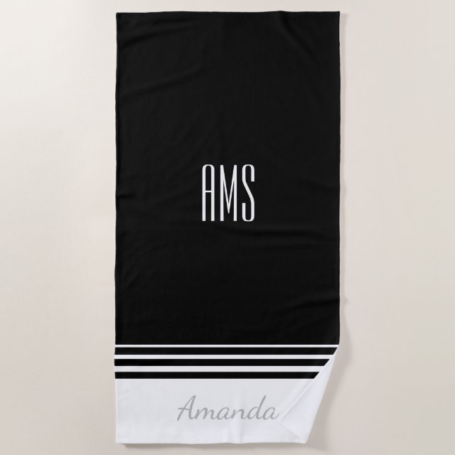 Personalise Name & Initials, Black and White Beach Towel (Front)