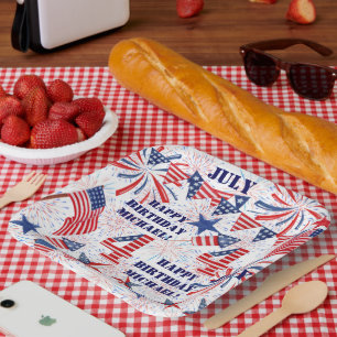 Personalise Name July Birthday Red White Blue Flag Paper Plate