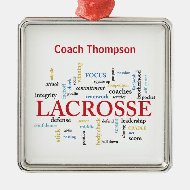 Personalise Name Lacrosse Coach Thanks Words Metal Ornament (Front)