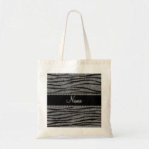Personalise name light grey glitter zebra stripes tote bag