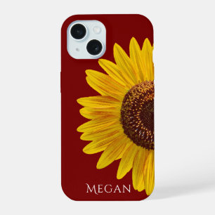 Personalise Name Maroon Red Yellow Sunflower  iPhone 15 Case