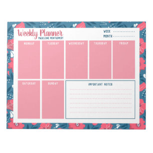Personalise Name Modern Floral Blue Weekly Planner Notepad