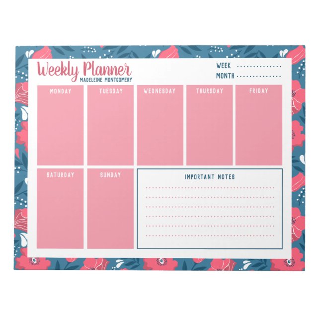 Personalise Name Modern Floral Blue Weekly Planner Notepad (Front)