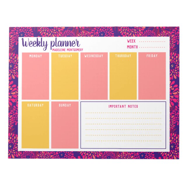 Personalise Name Modern Floral Weekly Planner  Notepad (Front)