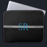 Personalise Name & Monogram Blue/White Grey Stripe Laptop Sleeve<br><div class="desc">Personalise your name,  initials or message in blue and white text on grey stripe with black background. Click “Edit Using Design Tool” to change colours and type styles.</div>