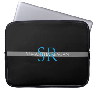 Personalise Name & Monogram Blue/White Grey Stripe Laptop Sleeve