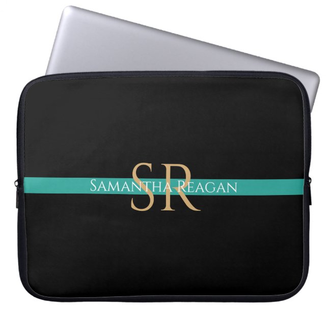 Personalise Name & Monogram Gold/White Teal Stripe Laptop Sleeve (Front)