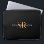 Personalise Name & Monogram in Gold & White Text Laptop Sleeve<br><div class="desc">Personalise your name,  initials or message in gold and white text on black background.</div>