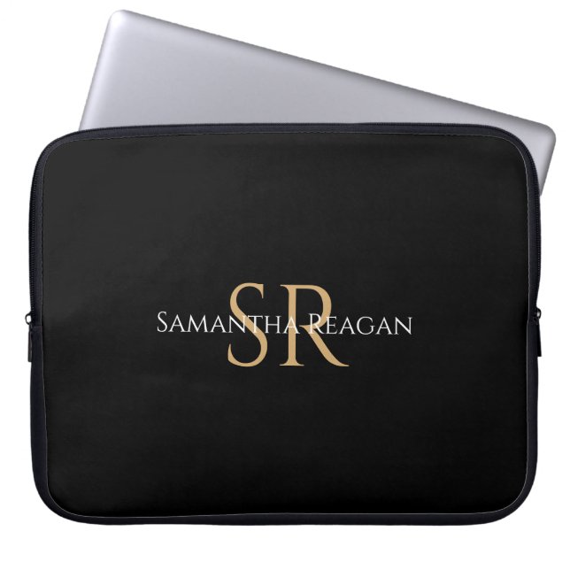 Personalise Name & Monogram in Gold & White Text Laptop Sleeve (Front)
