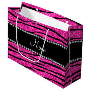 Personalise name neon hot pink glitter zebra large gift bag