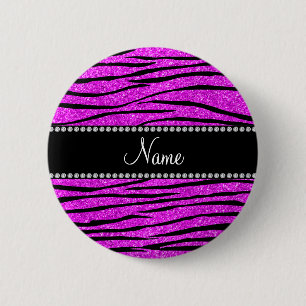 Personalise name neon pink glitter zebra stripes 6 cm round badge