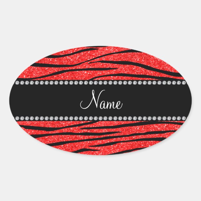 Personalise name neon red glitter zebra stripes oval sticker (Front)