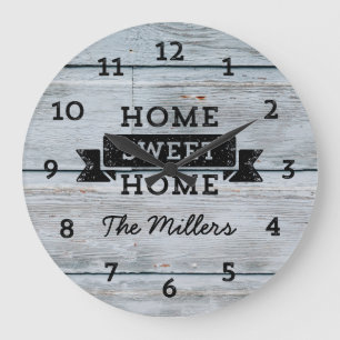 Personalise Name Pale Wood Rustic Home Sweet Home Large Clock