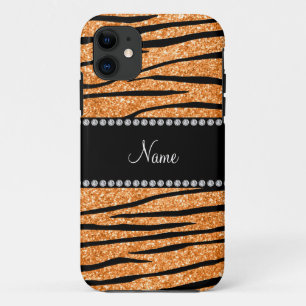 Personalise name pastel orange glitter zebra strip iPhone 11 case