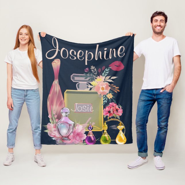Personalise Name Perfume Bottles Pink Floral Fleece Blanket (In Situ)