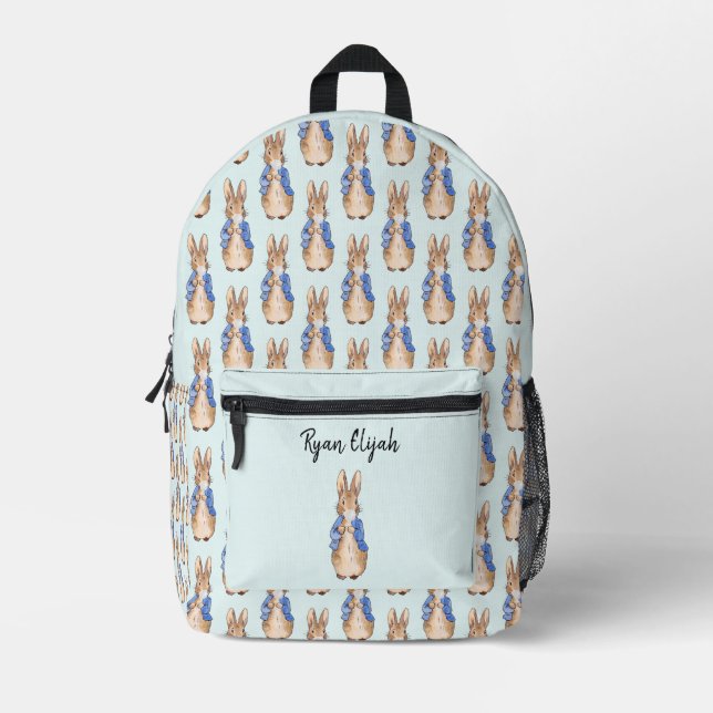 Personalise Name Peter the Rabbit white bubble gum Printed Backpack (Front)