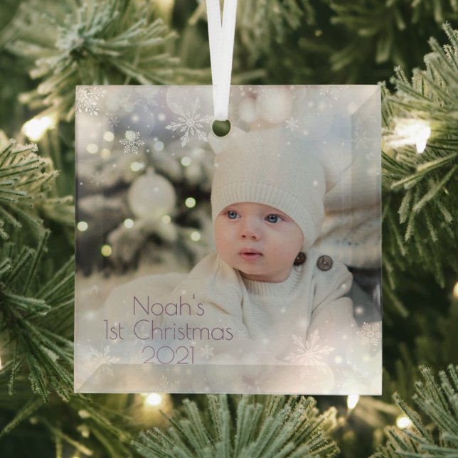 Personalise Name & Photo Baby's First Christmas  2 Glass Tree Decoration (Insitu)